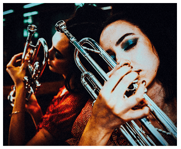 beautiful young woman, rebellion, headshot, retro style, sensuality, trumpet, clubbing, party, jazz,