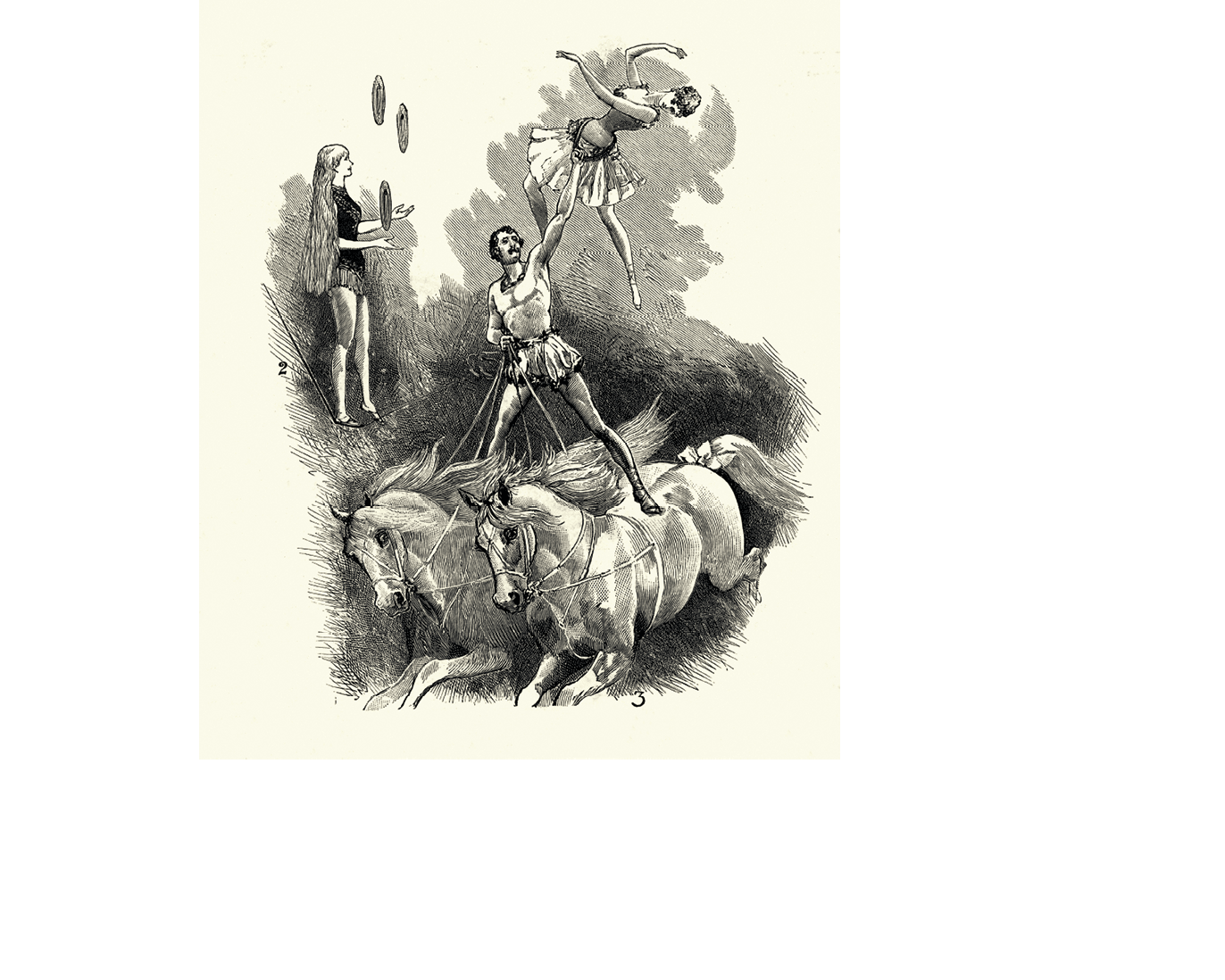 Vintage engraving Circus performers at Covent Garden Theatre, Victorian, 19th Century, 1886  Arab acrobat, Mdlle Gisella on the Slack wire, performers on barebacked horses, Fraulein Eichlerette and her troupe of monkeys  Miss Jennie O'Brian fires a rifle with pigeons