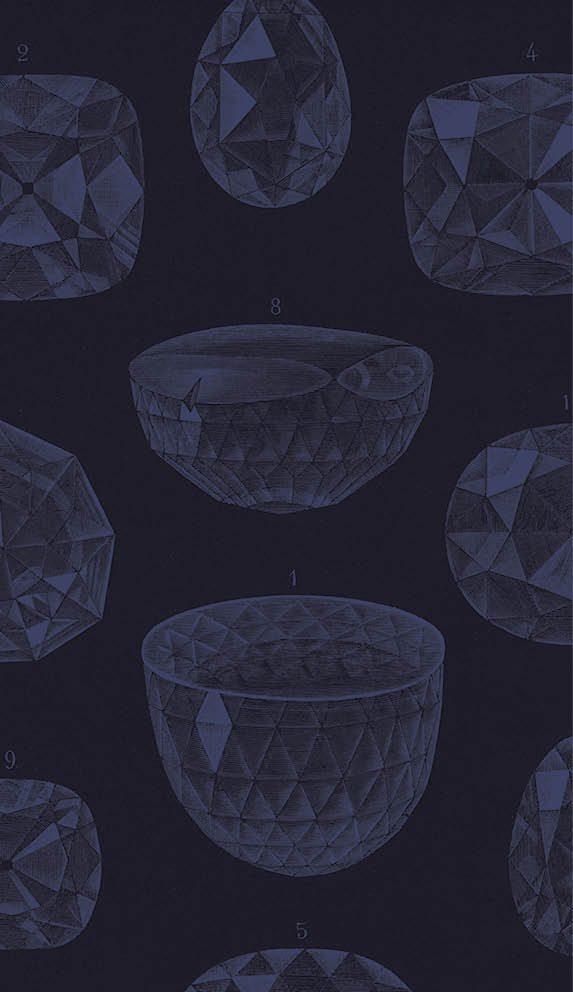 The largest and most famous diamonds: 1) Orlov, 2) Regent (Pitt); 3,5+11) Florentine; 4+12) Star of the South; 6) Sancy; 7) Dresden Green Diamond; 8) Koh-i-Noor (older form); 9) Hope; 10) Koh-i-Noor (recent form). Woodcut engraving, published in 1875.