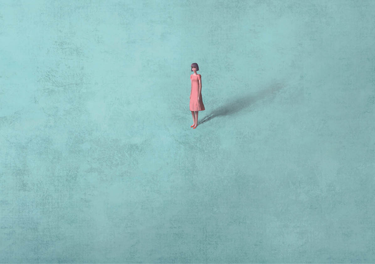 Woman alone in blue space, surreal painting, lonely people, loneliness artwork, hope and dream concept illustration, modern background