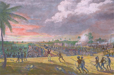 Revolting slaves lead by a man named Prince who is waving a black flag force the retreat of colonial soldiers, Demerara slave insurrection of August-September 1823.