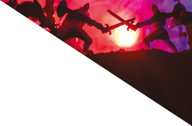 Medieval battle scene with cavalry and infantry. Silhouettes of figures as separate objects, fight between warriors on dark toned foggy background. Night scene. Selective focus