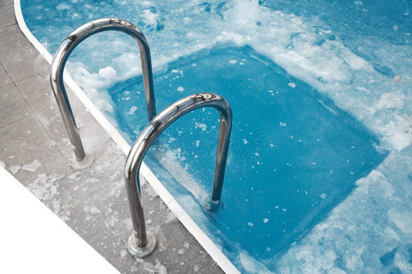 Ice swimming theme. Steps in the frozen blue pool ice-hole