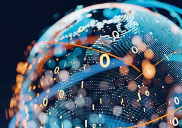 Earth (focus on Europe) represented by little dots, binary code and lines - big data, global business, cryptocurrency 3D render