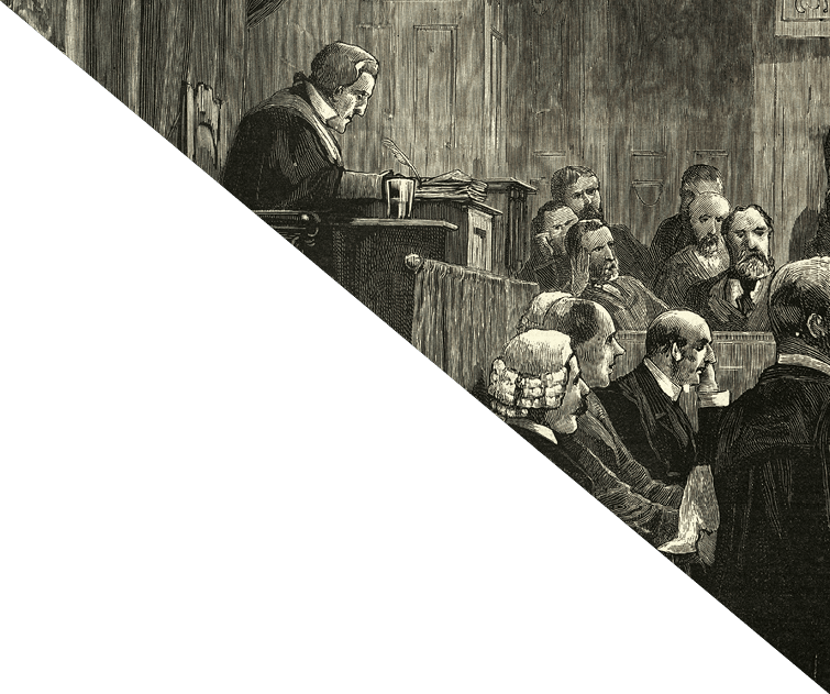 Vintage illustration of Victorian courtroom, Judge, Jury, Lawyers, 1888, 19th Century. During the case Mr. O'Donnell vs. The Times newspaper