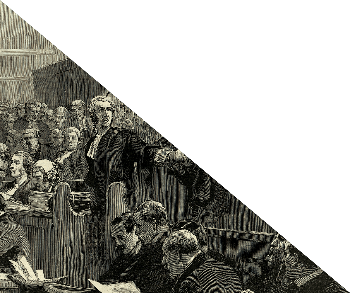 Vintage illustration of Victorian courtroom, Lawyers, defence and prosecution desks, audience , 19th Century. During the case Mr. O'Donnell vs. The Times newspaper