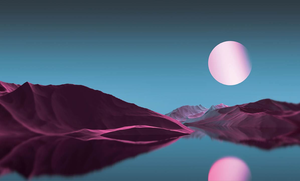 Pink-turquoise planet landscape. Fantasy landscape with a pink planet in the sky. 3D render.
