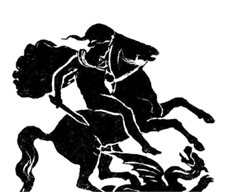 Four Silhouettes of knights on horseback fighting dragons, the warrior angel Michael fighting a dragon, and one knight stabbed with an arrow and dying. Montage. Illustration published 1893. Source: Original edition is from my own archives. Copyright has expired and is in Public Domain.