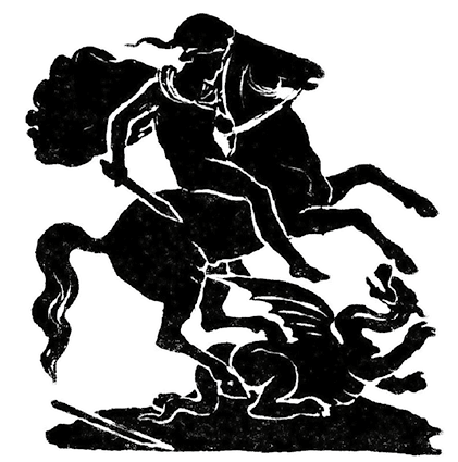 Four Silhouettes of knights on horseback fighting dragons, the warrior angel Michael fighting a dragon, and one knight stabbed with an arrow and dying. Montage. Illustration published 1893. Source: Original edition is from my own archives. Copyright has expired and is in Public Domain.