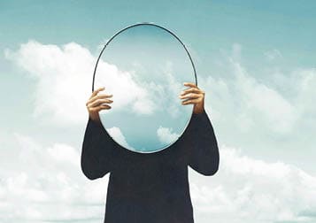 Illustration of woman in black holding a surreal mirror among clouds, surreal abstract concept