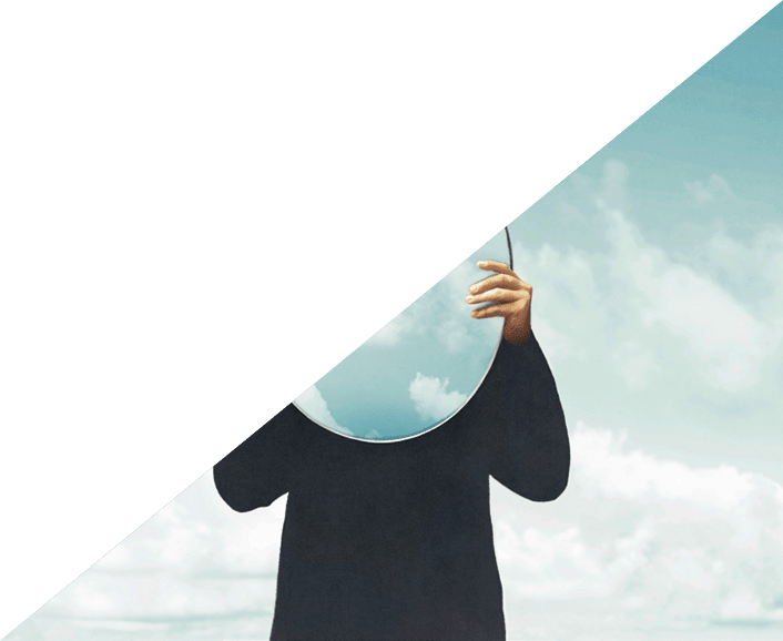 Illustration of woman in black holding a surreal mirror among clouds, surreal abstract concept