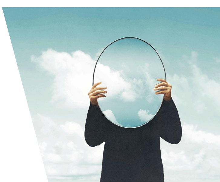 Illustration of woman in black holding a surreal mirror among clouds, surreal abstract concept