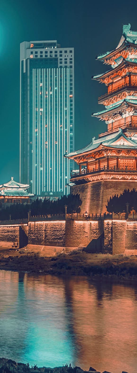 On the Mid-autumn Festival ,Pavilion of Prince Teng and the brige across to Yangtze River under the moon at night ,Chinese trainditional festival and building