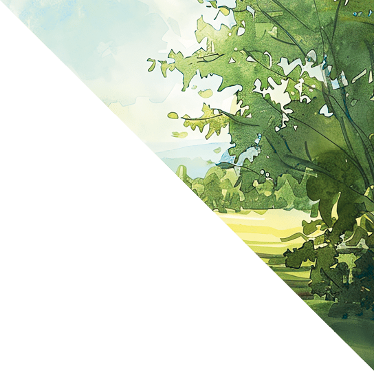 Watercolor painting of a red barn in a green field.