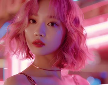 A young,stylish woman with wavy pink hair is posing confidently in a vibrant,neon-lit studio setting She exudes a captivating stage presence and charm,likely as a popular K-pop or performer The image