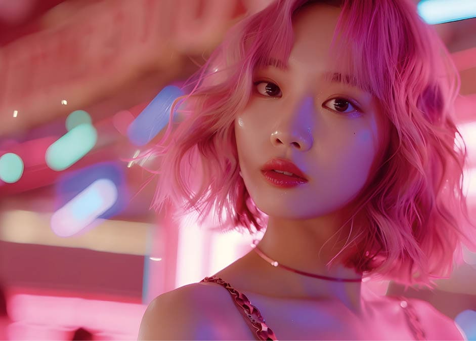 A young,stylish woman with wavy pink hair is posing confidently in a vibrant,neon-lit studio setting She exudes a captivating stage presence and charm,likely as a popular K-pop or performer The image