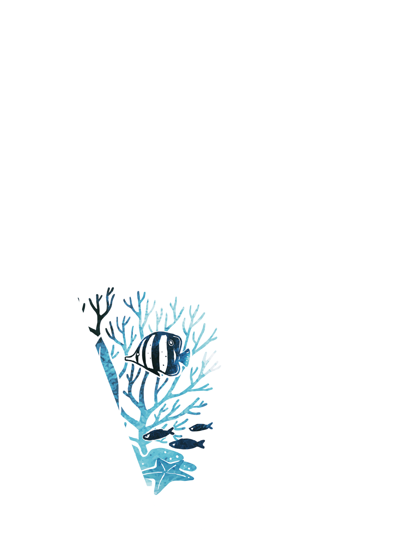 Watercolor vector silhouette of turtle, fish, starfish and seaweed. Seascape blue hand drawn illustration with splashes for flyer, print, ad, cover, banner. Underwater life for aquarium