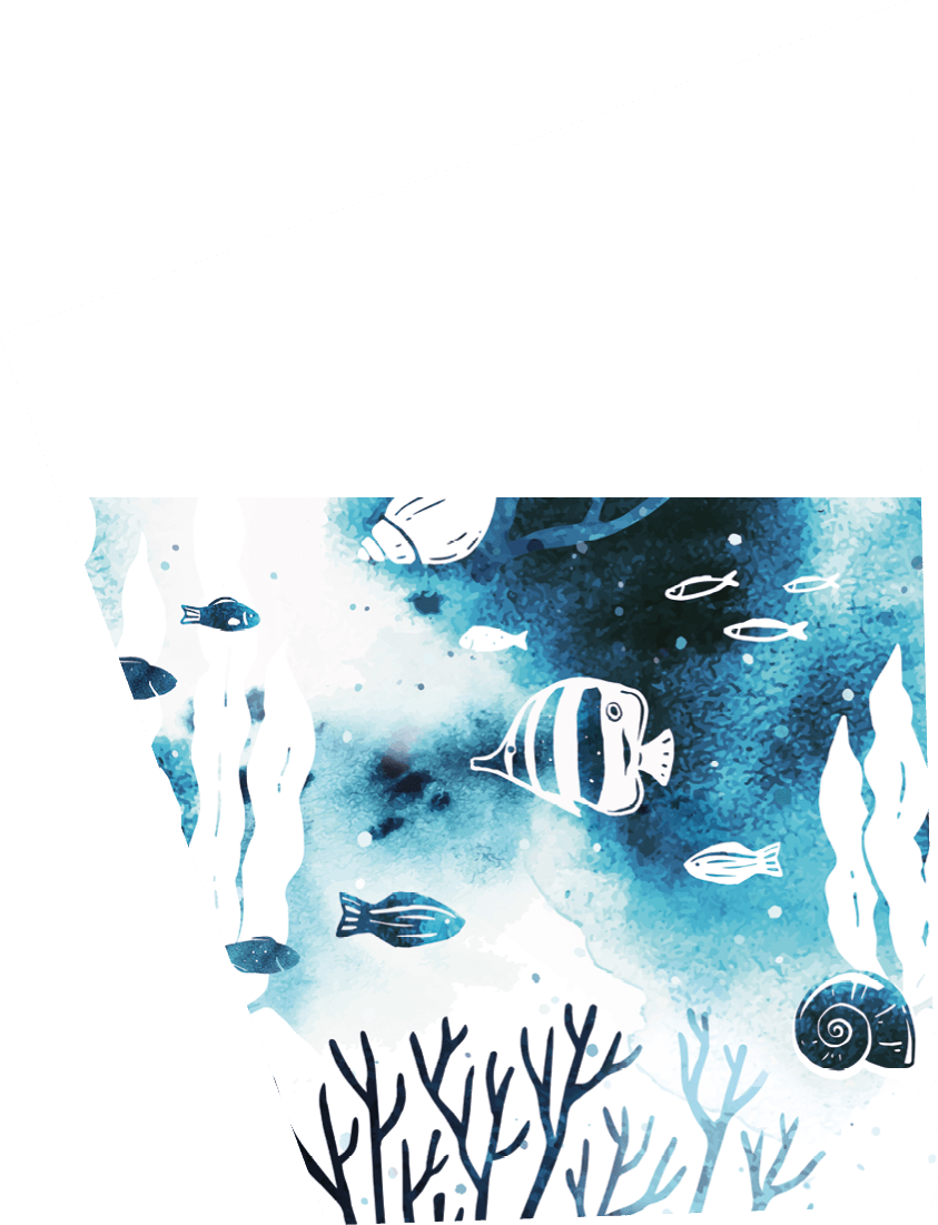 Watercolor vector seamless pattern with silhouette ocean bottom, fish, seaweed, sea shells abstract splashes.Textile print, page fill, wrapping paper, web